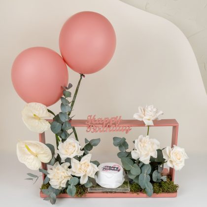 Peach white flowers and cake