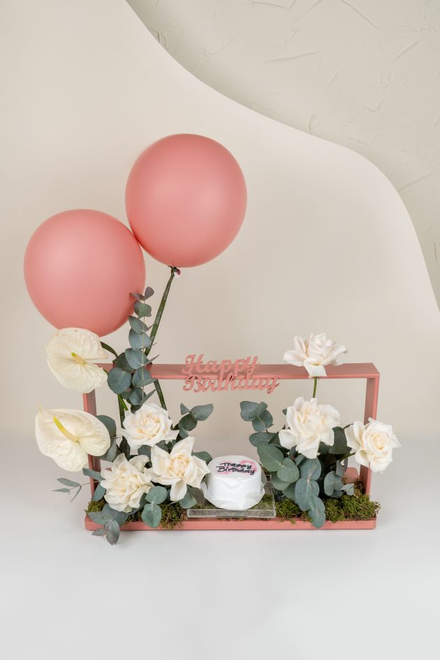 Peach white flowers and cake