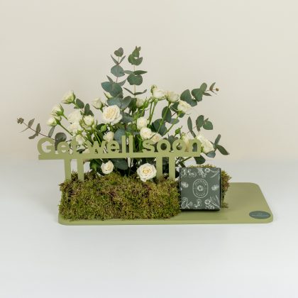 White baby roses and chocolate tray