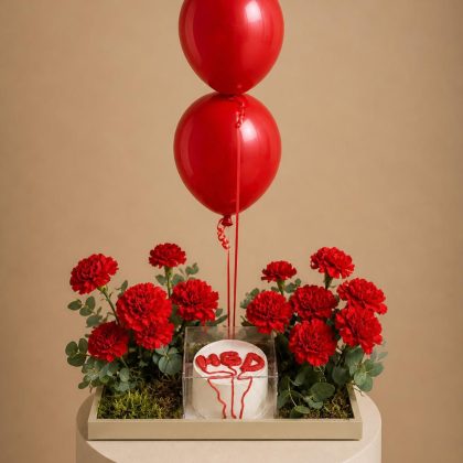 Balloon and red cake