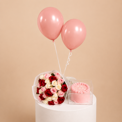 Floral balloons and cake